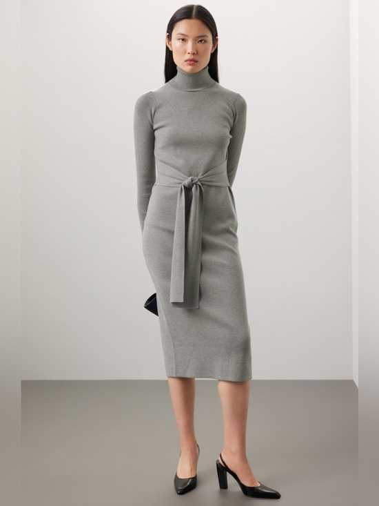 Toccin Dresses & Skirts - Turtleneck Tie-Waist Knit Midi Dress - Gray